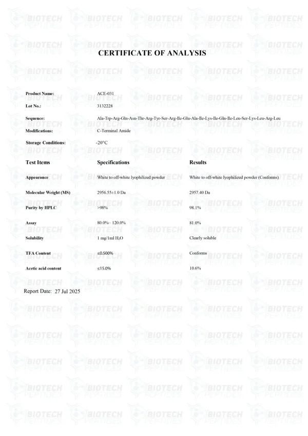 ACE-031 1mg certificate of analysis from Biotech Peptides