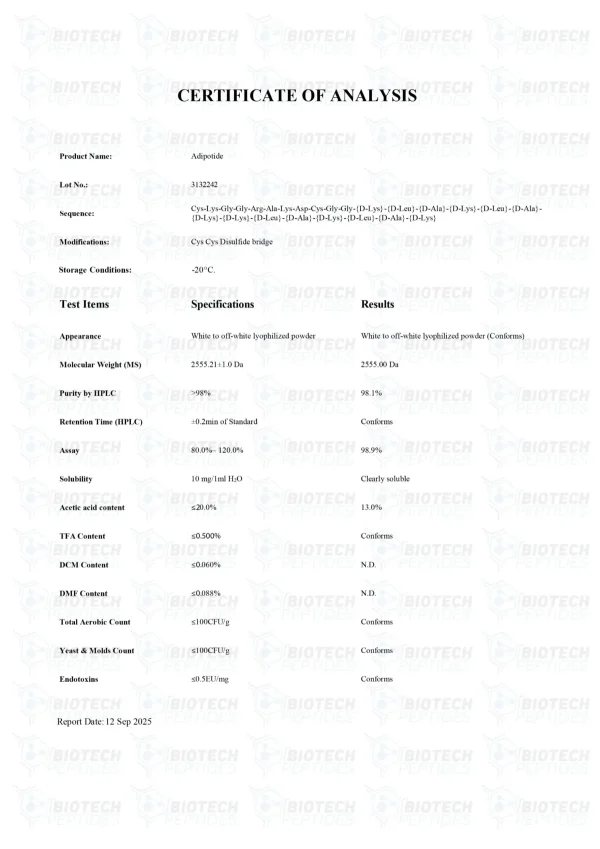 Adipotide 10mg certificate of analysis from Biotech Peptides