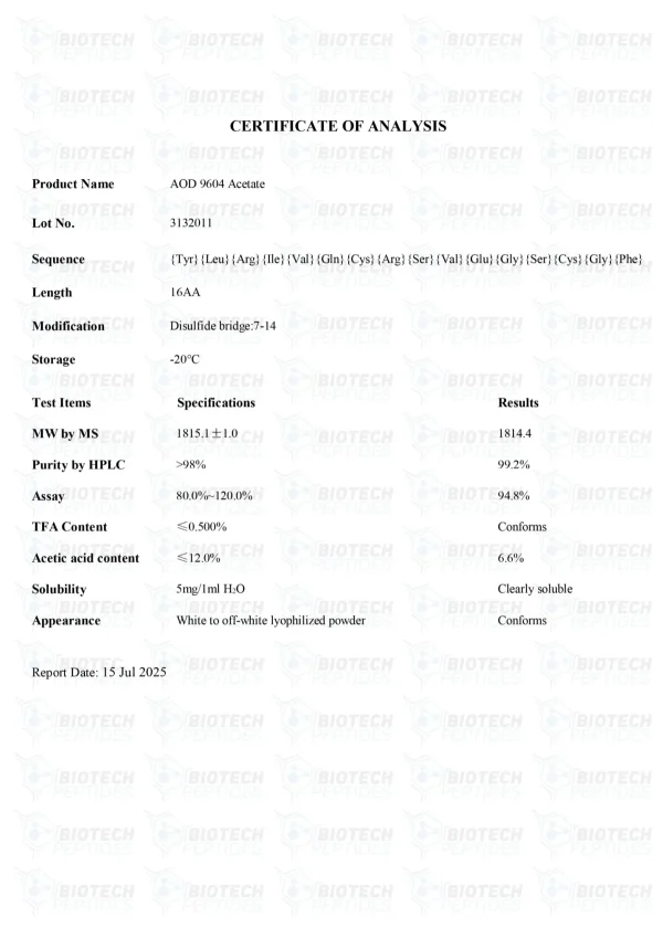 AOD-9604 5mg certificate of analysis from Biotech Peptides
