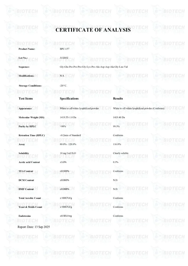 BPC-157 10mg certificate of analysis from Biotech Peptides
