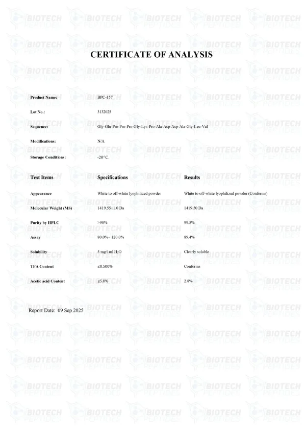 BPC-157 5mg certificate of analysis from Biotech Peptides