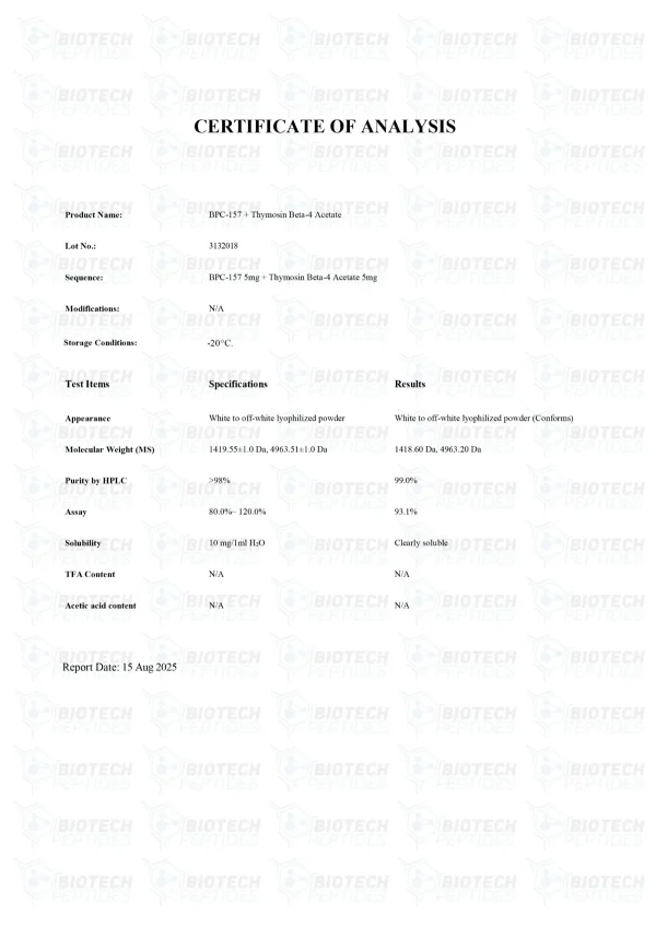 BPC-157 TB-500 Blend certificate of analysis from Biotech Peptides