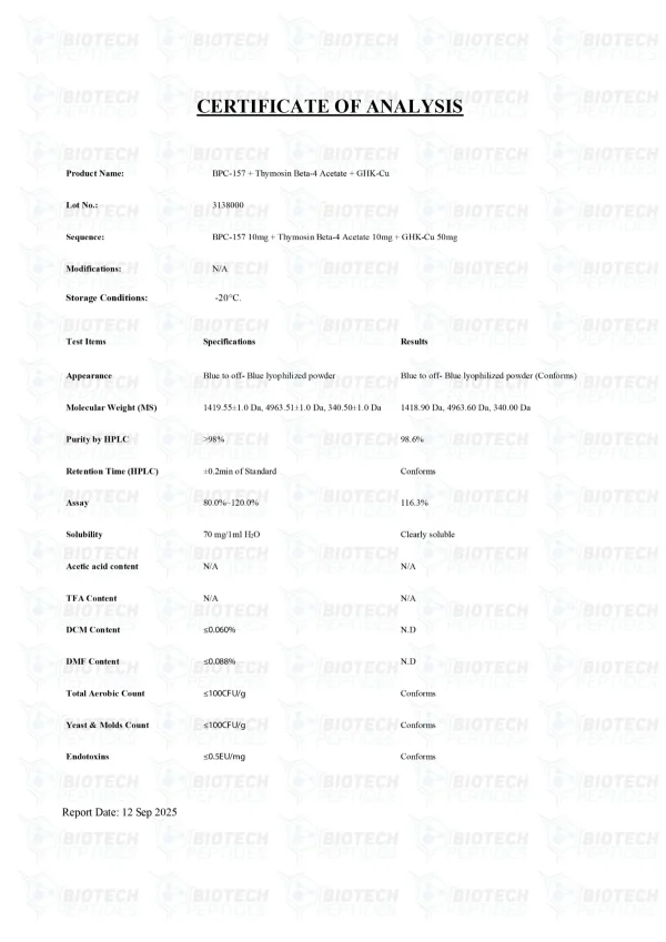 BPC-157 TB-500 GHK-Cu Blend certificate of analysis from Biotech Peptides