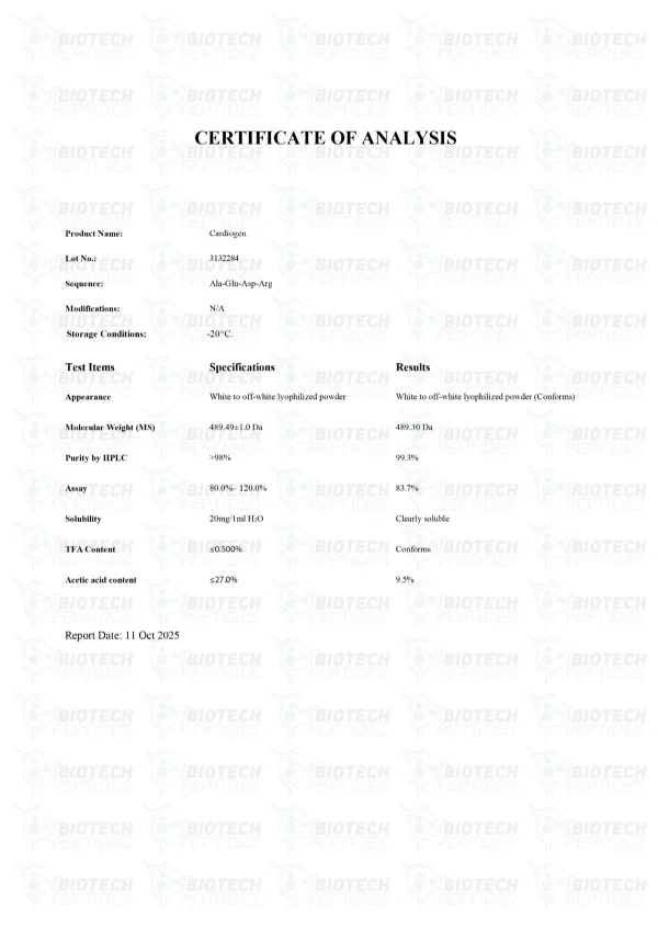 Cardiogen 20mg certificate of analysis from Biotech Peptides