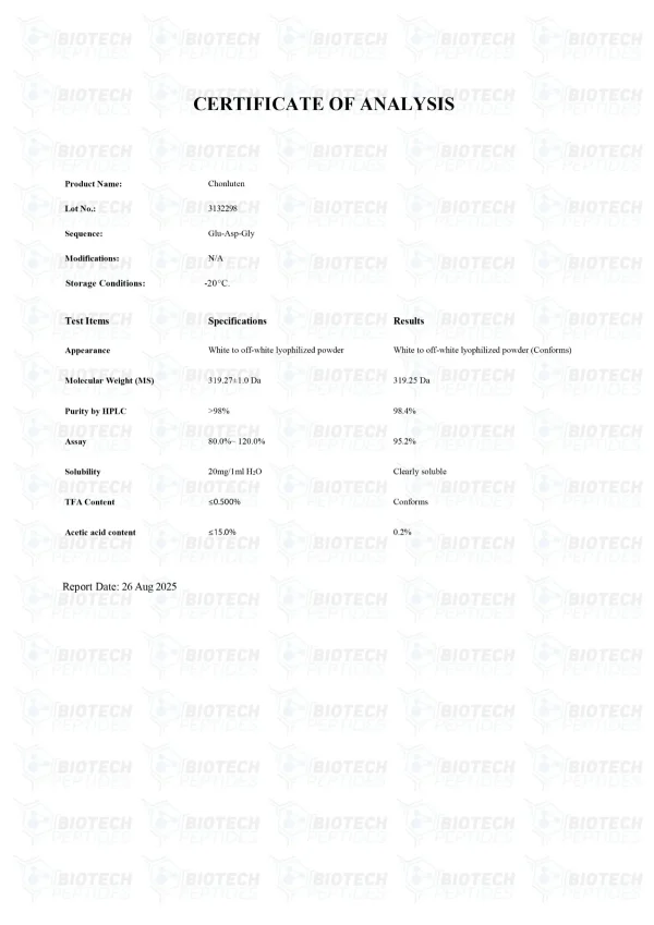 Chonluten 20mg certificate of analysis from Biotech Peptides