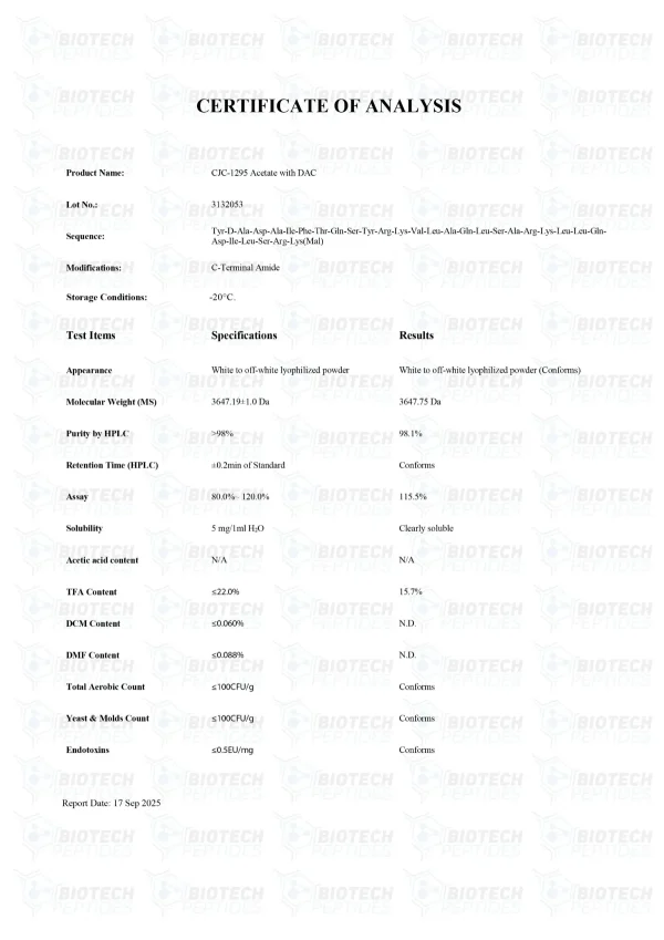 CJC-1295 DAC 5mg certificate of analysis from Biotech Peptides CJC-1295 DAC 5mg certificate of analysis from Biotech Peptides