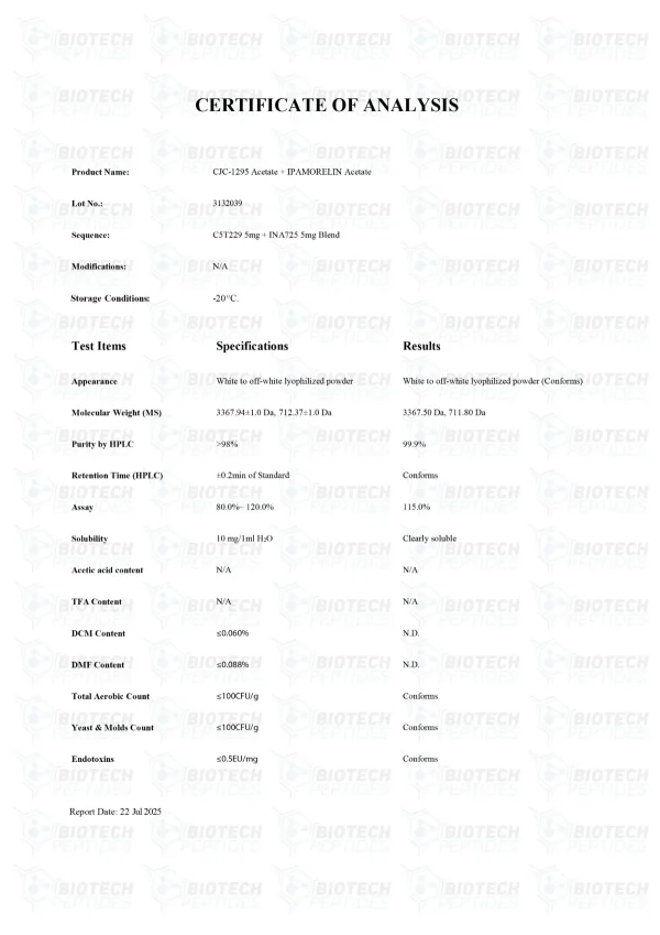 CJC-1295 Ipamorelin Blend certificate of analysis from Biotech Peptides
