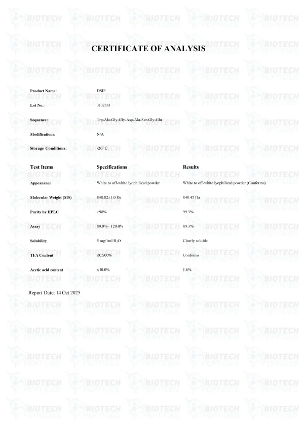 DSIP 5mg certificate of analysis from Biotech Peptides