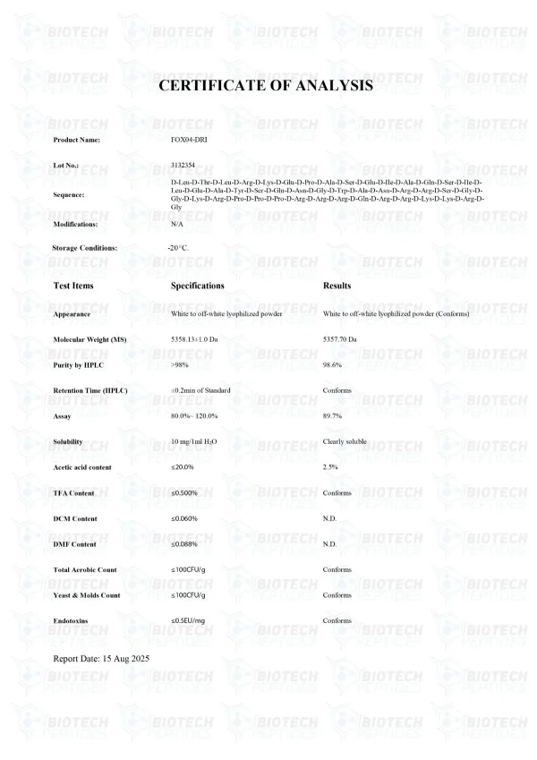FOXO4-DRI 10mg certificate of analysis from Biotech Peptides