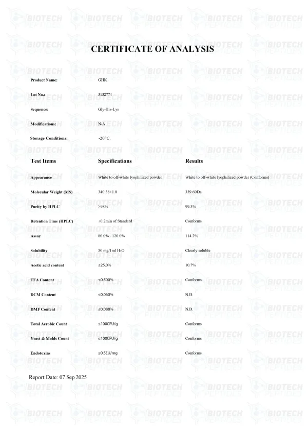 GHK Basic 50mg certificate of analysis from Biotech Peptides