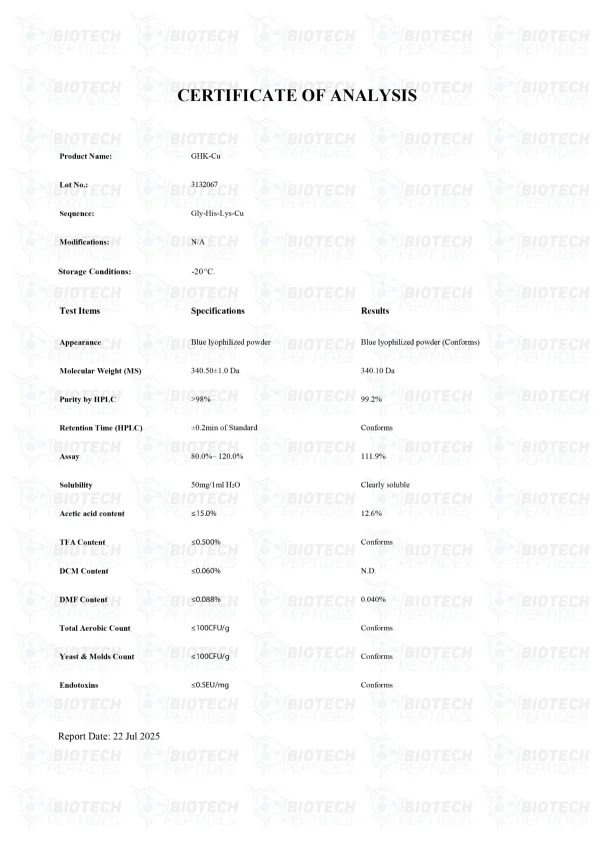 GHK-Cu 50mg certificate of analysis from Biotech Peptides