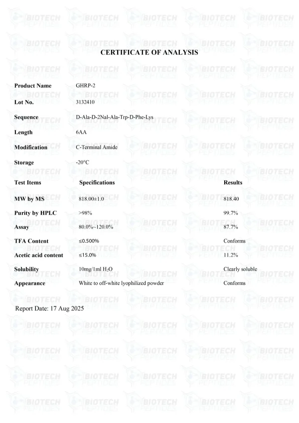 GHRP-2 10mg certificate of analysis from Biotech Peptides