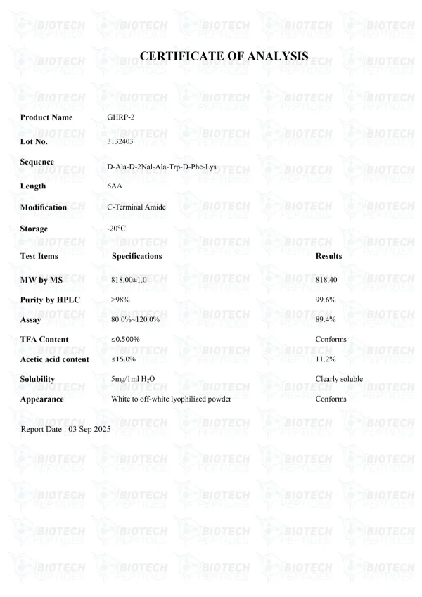 GHRP-2 5mg certificate of analysis from Biotech Peptides