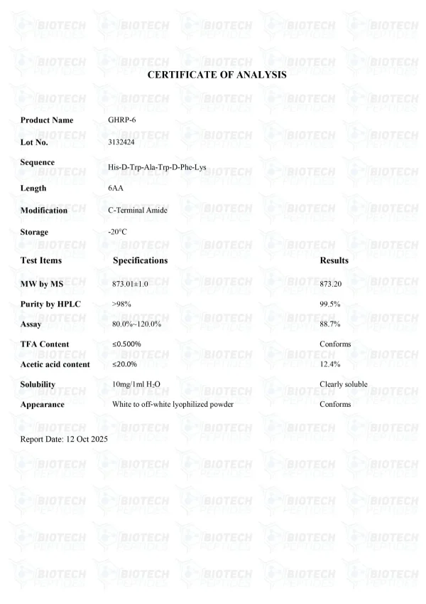 GHRP-6 10mg certificate of analysis from Biotech Peptides