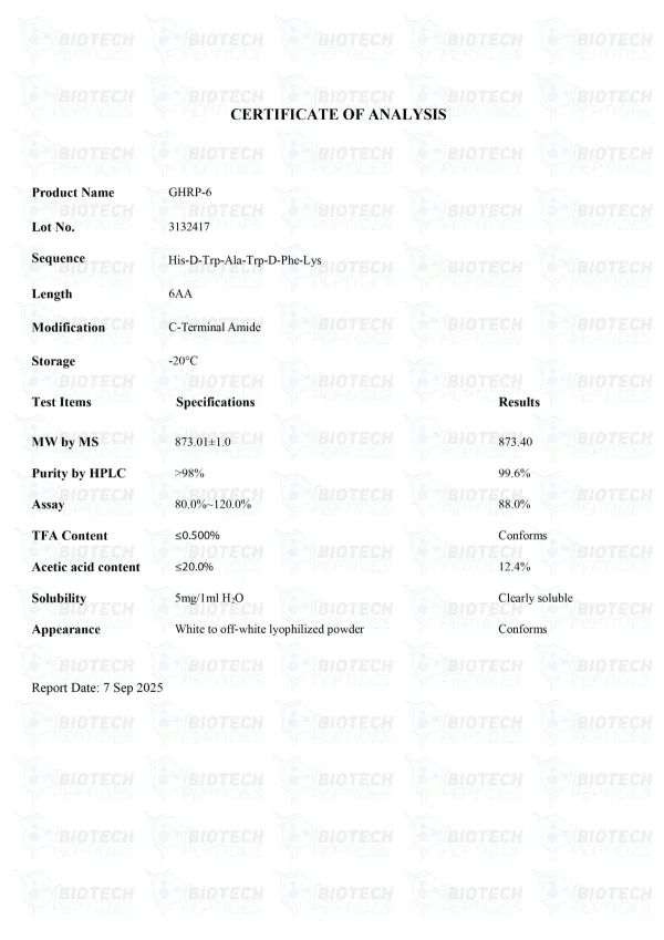 GHRP-6 5mg certificate of analysis from Biotech Peptides GHRP-6 5mg certificate of analysis from Biotech Peptides