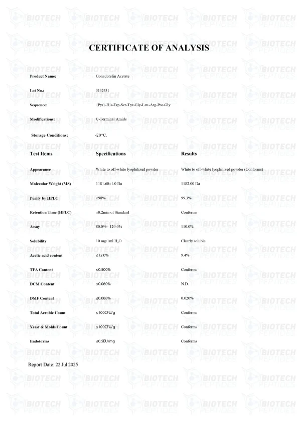 Gonadorelin 10mg certificate of analysis from Biotech Peptides Gonadorelin 10mg certificate of analysis from Biotech Peptides
