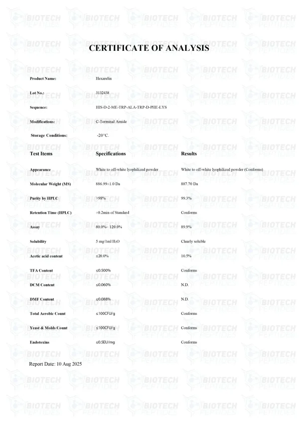 Hexarelin 5mg certificate of analysis from Biotech Peptides