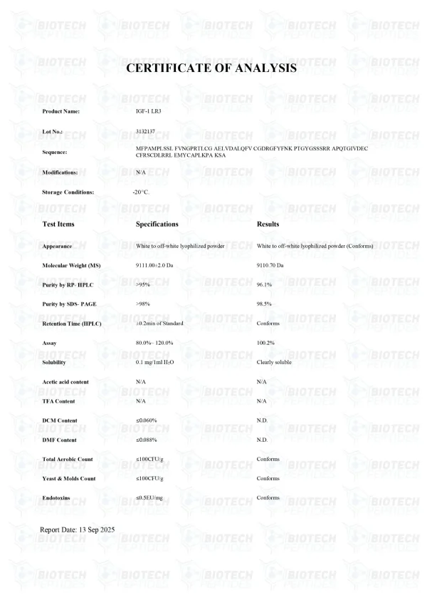 IGF-1 LR3 100mcg certificate of analysis from Biotech Peptides