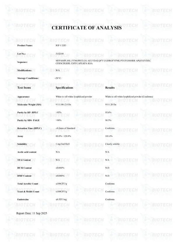 IGF-1 LR3 1mg certificate of analysis from Biotech Peptides