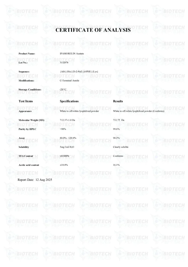 Ipamorelin 5mg certificate of analysis from Biotech Peptides