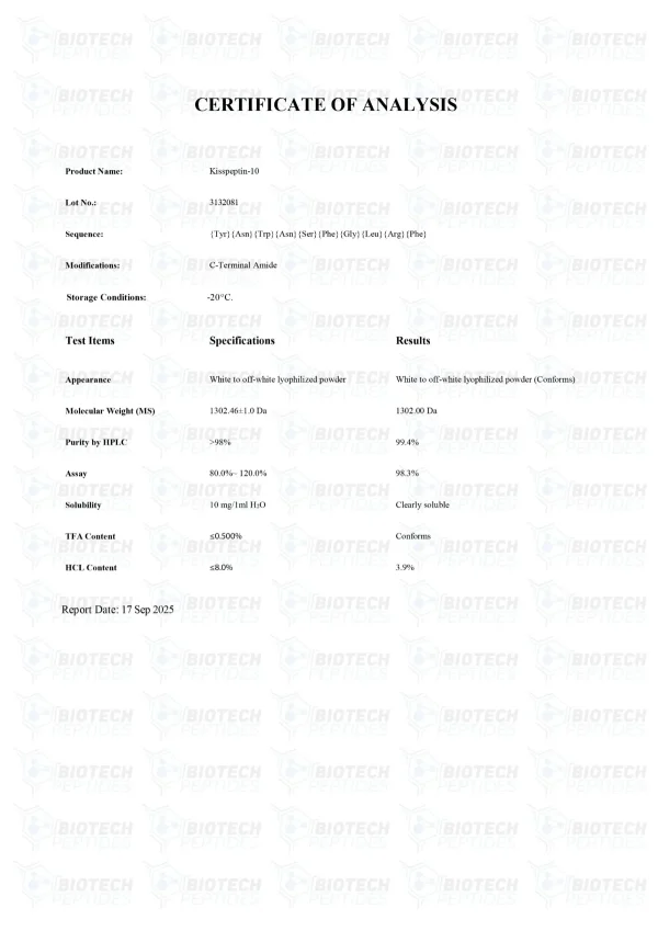 Kisspeptin-10 10mg certificate of analysis from Biotech Peptides