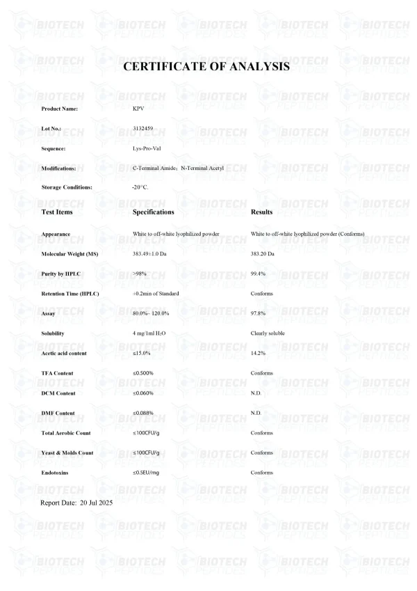 KPV 4mg certificate of analysis from Biotech Peptides