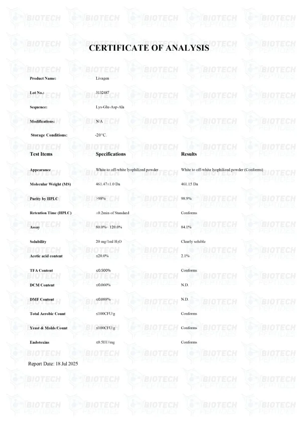 Livagen 20mg certificate of analysis from Biotech Peptides Livagen 20mg certificate of analysis from Biotech Peptides