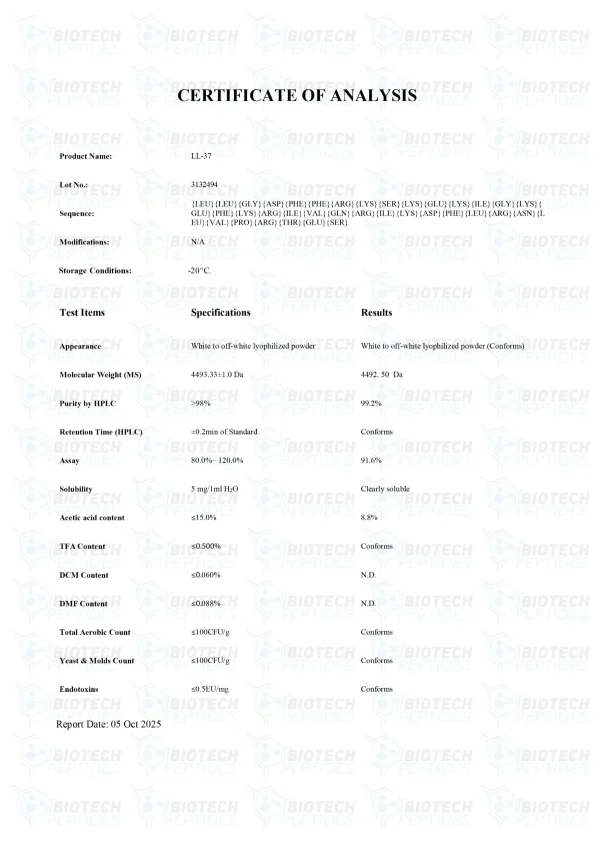 LL-37 5mg certificate of analysis from Biotech Peptides
