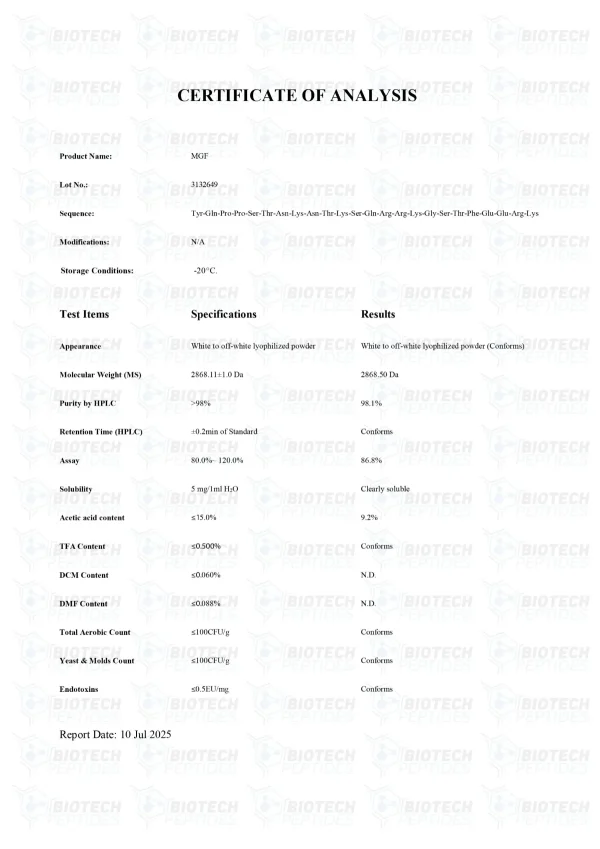MGF 5mg certificate of analysis from Biotech Peptides MGF 5mg certificate of analysis from Biotech Peptides