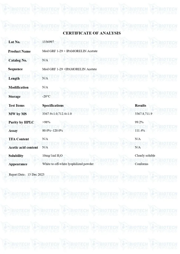 Mod GRF 1-29 Ipamorelin Blend certificate of analysis from Biotech Peptides
