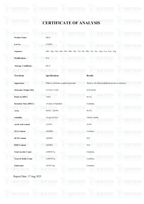 MOTS-c 10mg certificate of analysis from Biotech Peptides