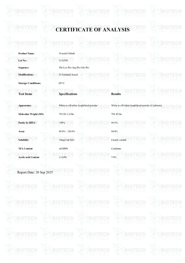N-Acetyl Selank 10mg certificate of analysis from Biotech Peptides N-Acetyl Selank 10mg certificate of analysis from Biotech Peptides