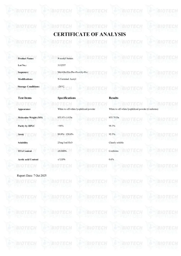 N-Acetyl Semax 25mg certificate of analysis from Biotech Peptides N-Acetyl Semax 25mg certificate of analysis from Biotech Peptides