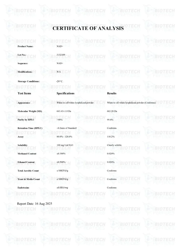 NAD+ 100mg certificate of analysis from Biotech Peptides