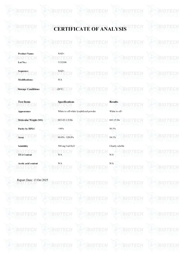 NAD+ 500mg certificate of analysis from Biotech Peptides