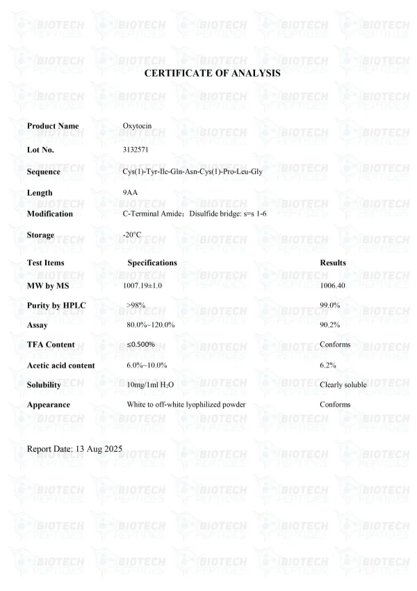 Oxytocin 10mg certificate of analysis from Biotech Peptides