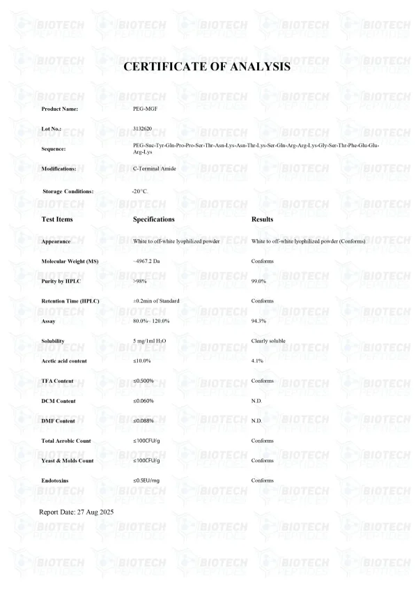 PEG-MGF 5mg certificate of analysis from Biotech Peptides PEG-MGF 5mg certificate of analysis from Biotech Peptides