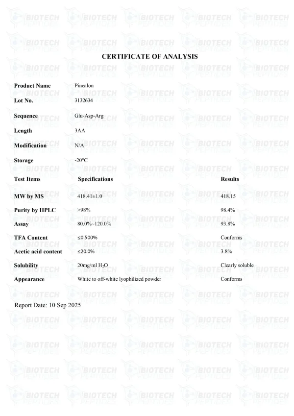 Pinealon 20mg certificate of analysis from Biotech Peptides
