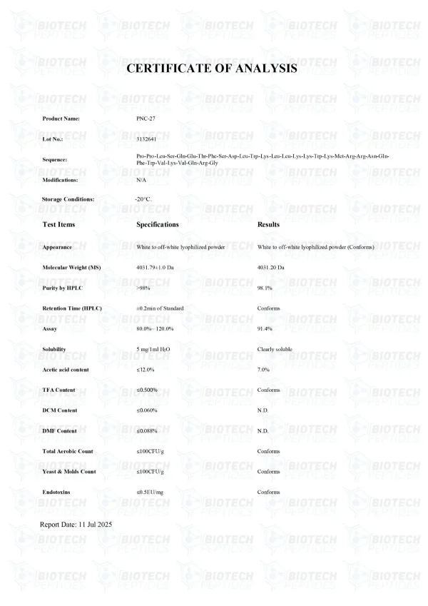 PNC-27 5mg certificate of analysis from Biotech Peptides