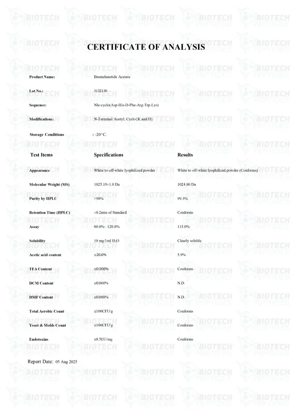 PT-141 10mg certificate of analysis from Biotech Peptides