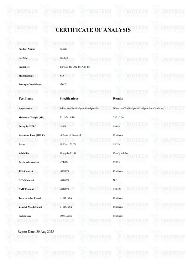 Selank 10mg certificate of analysis from Biotech Peptides