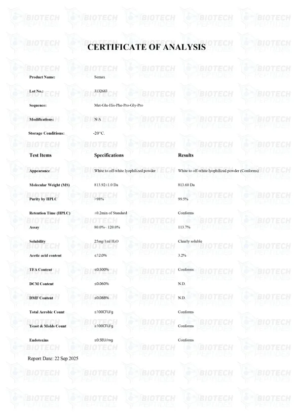 Semax 25mg certificate of analysis from Biotech Peptides