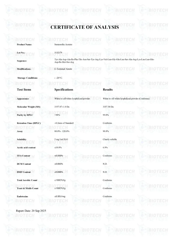 Sermorelin 5mg certificate of analysis from Biotech Peptides