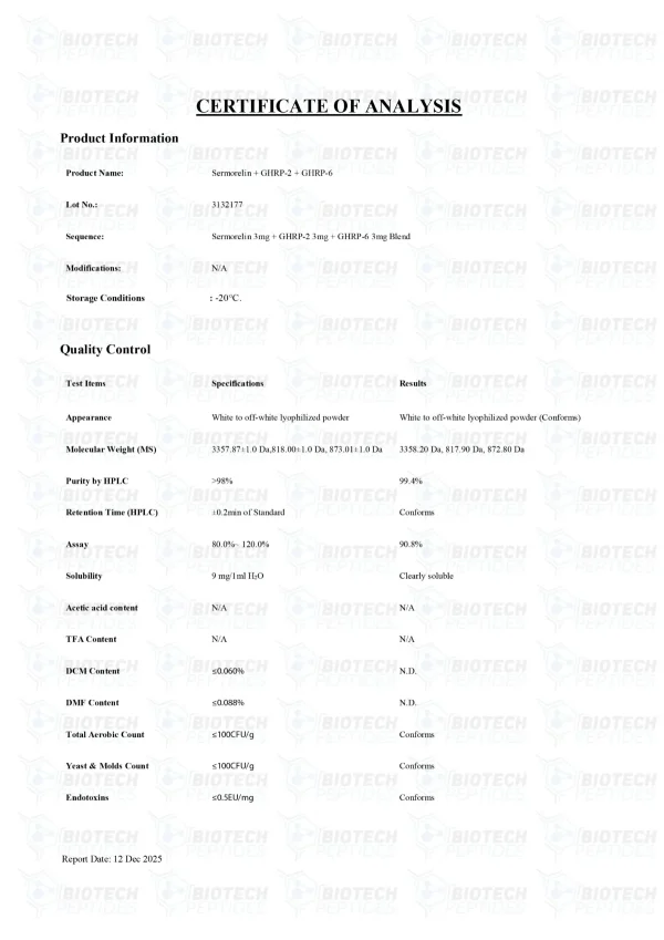 Sermorelin GHRP-6 GHRP-2 Blend certificate of analysis from Biotech Peptides