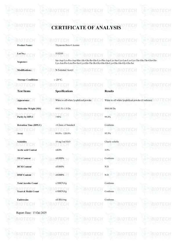 TB-500 10mg certificate of analysis from Biotech Peptides