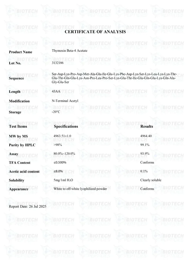 TB-500 5mg certificate of analysis from Biotech Peptides