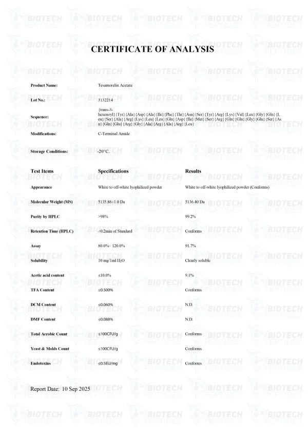 Tesamorelin 10mg certificate of analysis from Biotech Peptides