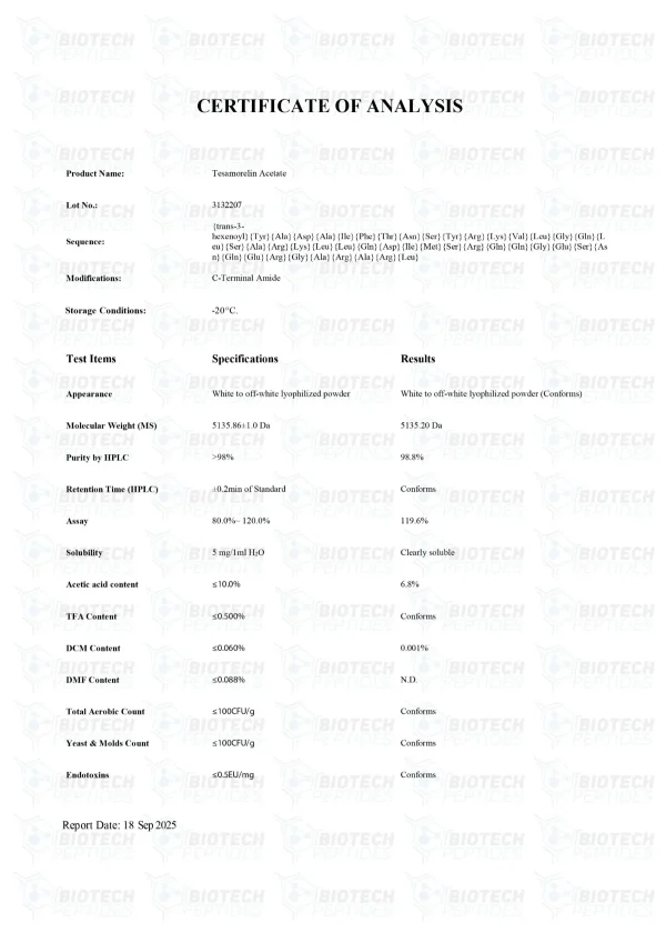 Tesamorelin 5mg certificate of analysis from Biotech Peptides
