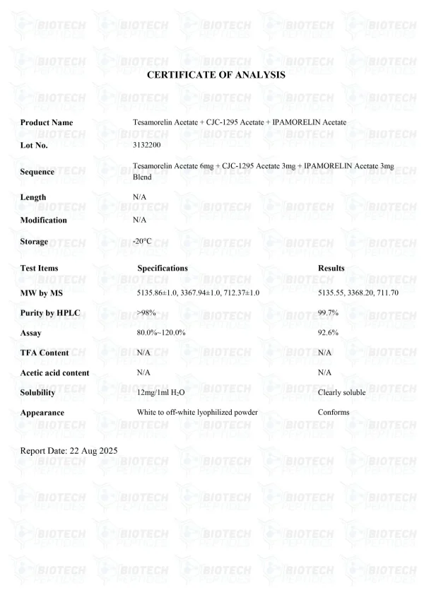 Tesamorelin CJC-1295 Ipamorelin Blend certificate of analysis from Biotech Peptides