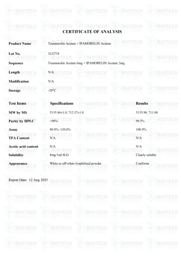 Tesamorelin Ipamorelin Blend certificate of analysis from Biotech Peptides